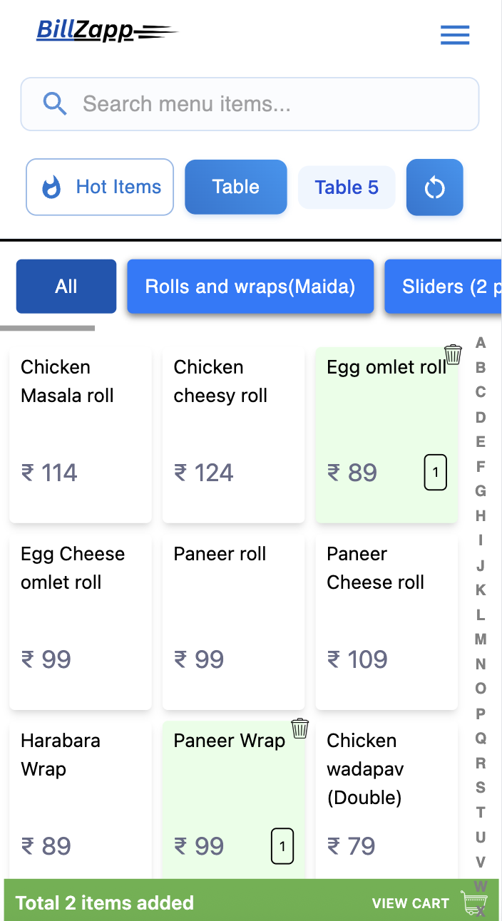 BillZapp Mobile Menu